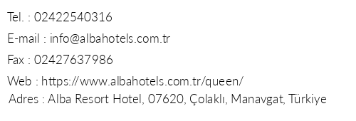 Alba Queen Hotel telefon numaralar, faks, e-mail, posta adresi ve iletiim bilgileri